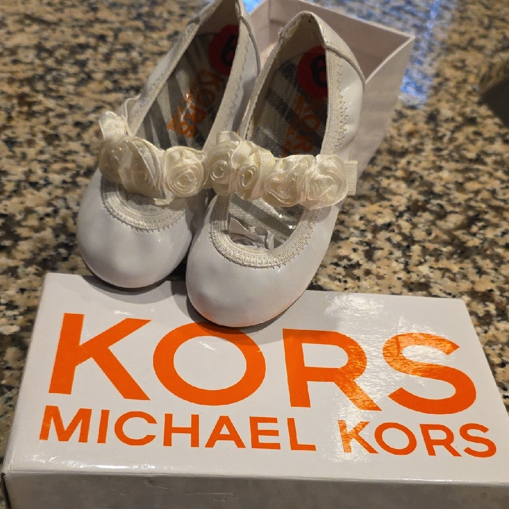 Michael Kors White Baby Shoes with Rosette Accents